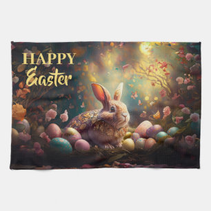 Glücklicher Osterhase mit Ostereiern Geschirrtuch