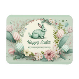 Glücklicher Osterhase mit Pastell-Eiern und Blumen Magnet
