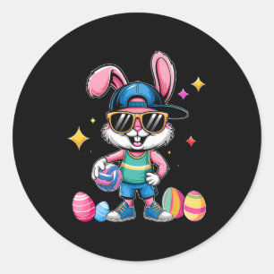 Glücklicher Osterhase spielt Volleyball Ostern Spo Runder Aufkleber