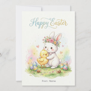 Glücklicher Osterhase und Küken Umarmen Feiertagskarte