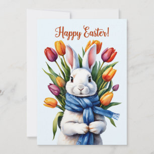 Glücklicher Osterhase und Tulpenblumen  Feiertagskarte