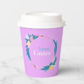 Glücklicher Ostertext und lila Blätter Pappbecher (Vorderseite)