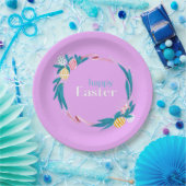 Glücklicher Ostertext und lila Blätter Pappteller (Party)