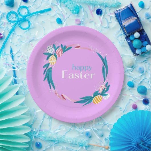 Glücklicher Ostertext und lila Blätter Pappteller (Party)