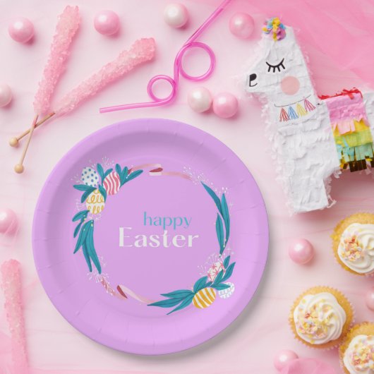Glücklicher Ostertext und lila Blätter Pappteller (Party)