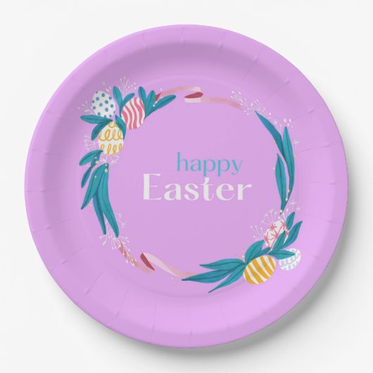 Glücklicher Ostertext und lila Blätter Pappteller (Vorderseite)