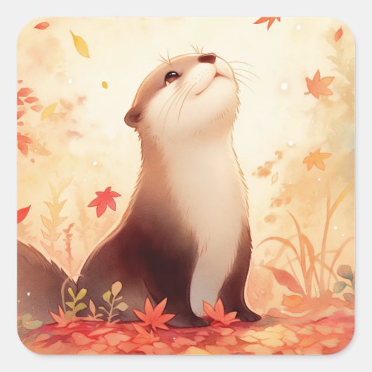 Glücklicher Otter, der zu fallenden Ahornblättern  Quadratischer Aufkleber (Vorderseite)