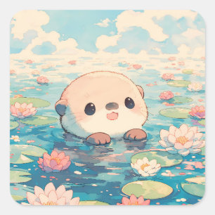 Glücklicher Otter im Lotusblumen-Teich Quadratischer Aufkleber