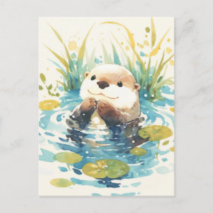 Glücklicher Otter im Wasserfarben-Lilien-Teich Postkarte