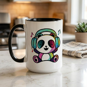 Glücklicher Panda mit Kopfhörern beim Musik hören. Tasse