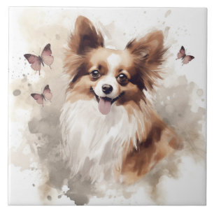 Glücklicher Papillon-Hund Aquarell Fliese