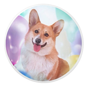 Glücklicher Pembroke-WaliserCorgi mit Ballonen Keramikknauf