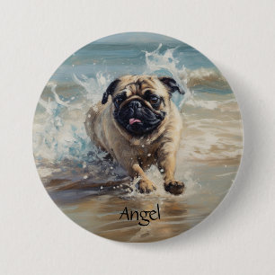 Glücklicher Pug am Strand anpassbar Button