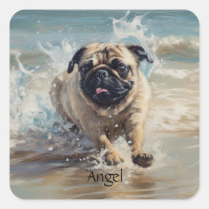 Glücklicher Pug am Strand anpassbar Quadratischer Aufkleber