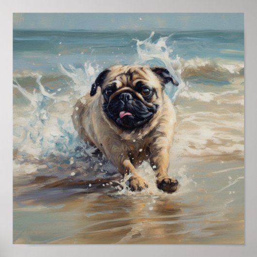 Glücklicher Pug am Strand Poster (Vorne)