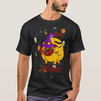 Glücklicher Pug Halloween Kürbisse Fledermäuse Hex T-Shirt