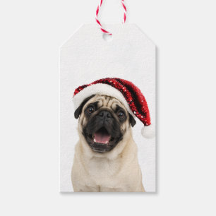 Glücklicher Pug mit funkelndem rotem Weihnachtsman Geschenkanhänger