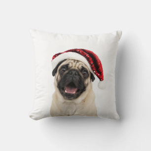 Glücklicher Pug mit funkelndem rotem Weihnachtsman Kissen