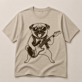 Glücklicher Rockstar-Mops-Hund spielt elektrische  T-Shirt