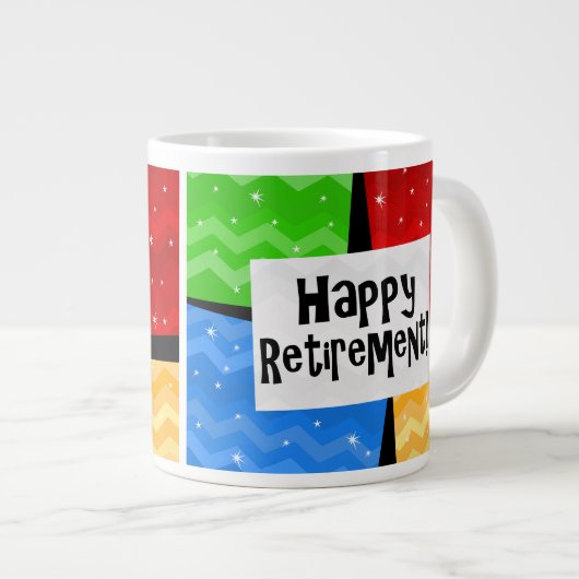 Glücklicher Ruhestand, Primärfarbe quadriert Party Jumbo-Tasse (Vorderseite Rechts)