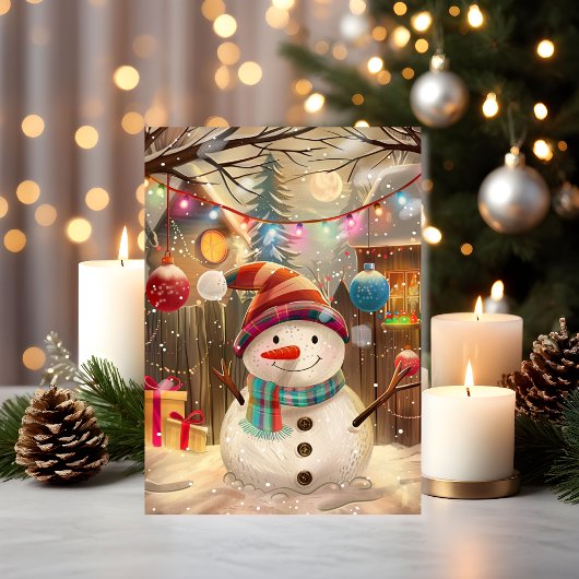 Glücklicher Schneemann mit farbenfrohen Lichtern u Karte
