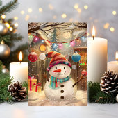 Glücklicher Schneemann mit farbenfrohen Lichtern u Karte