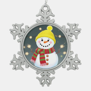 Glücklicher Schneemann mit Funken und Weihnachtsma Schneeflocken Zinn-Ornament