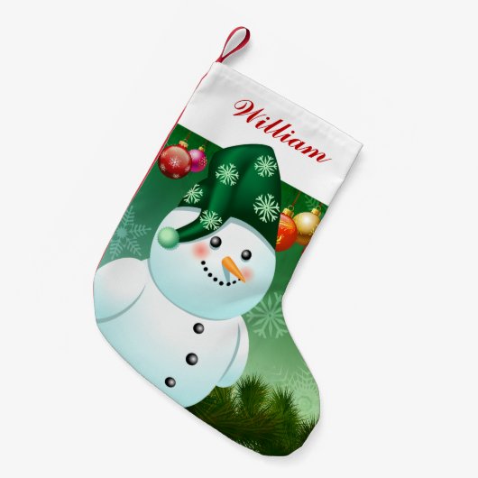 Glücklicher Schneemann mit grünem Hut Kleiner Weihnachtsstrumpf (Vorderansicht (hängend))