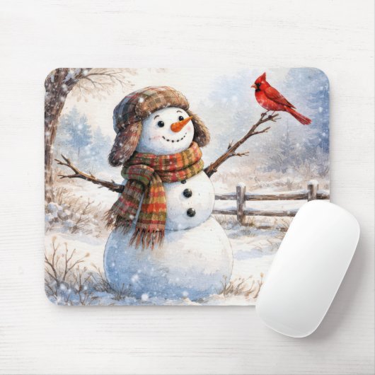 Glücklicher Schneemann mit rotem Kardinalvogel Mousepad (Mit Mouse)