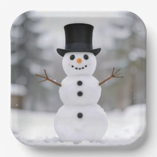 Glücklicher Schneemann mit Zylinder Pappteller (Vorderseite)
