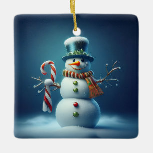 Glücklicher Schneemann tanzt im Schnee Keramikornament