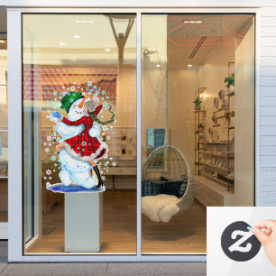 Glücklicher Schneemann und Mädchen tanzen Tango Fr Fensteraufkleber