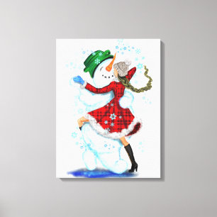 Glücklicher Schneemann und Mädchen-Tänzer Weihnach Leinwanddruck