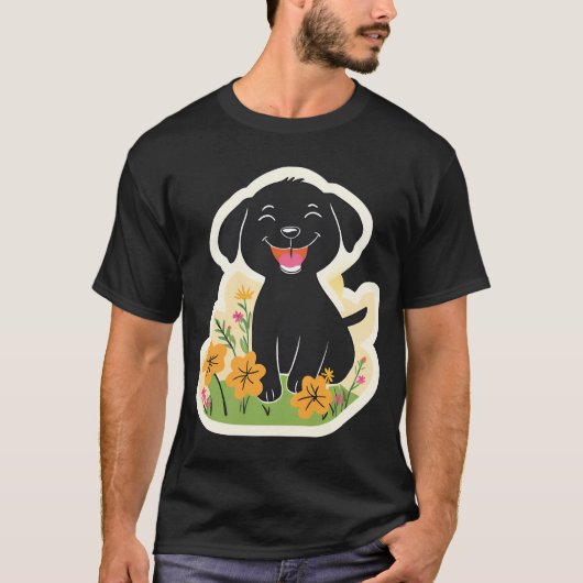 Glücklicher schwarzer Welpe in Wildblumen T-Shirt (Vorderseite)