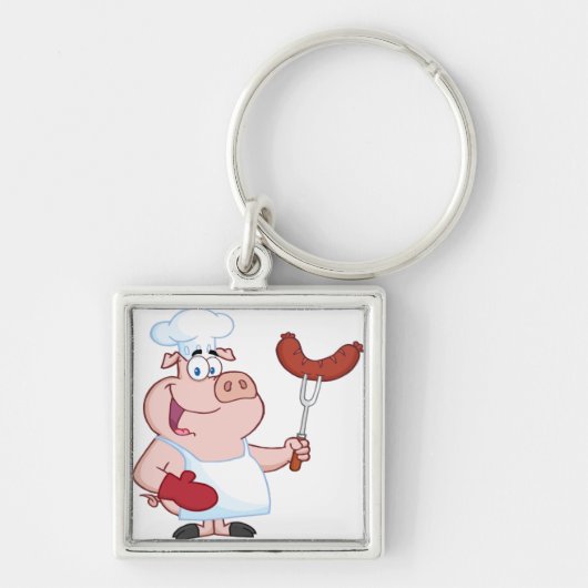 Glücklicher Schwein-Koch mit Wurst-Gabel Schlüsselanhänger (Vorne)