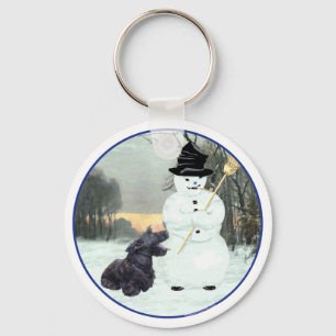 Glücklicher Scottish Terrier & Schneemann Schlüsselanhänger