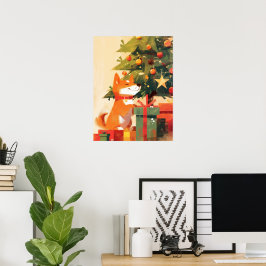 Glücklicher Shiba Inu neben Weihnachtsbaum und Ges Poster