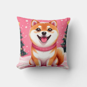 Glücklicher Shiba Inu Welpe bei Weihnachtsbäumen Kissen