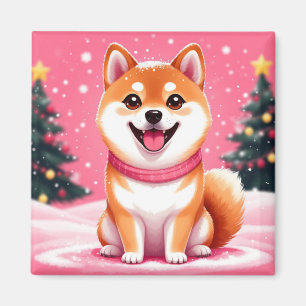 Glücklicher Shiba Inu Welpe bei Weihnachtsbäumen Magnet