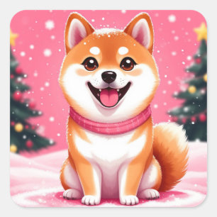 Glücklicher Shiba Inu Welpe bei Weihnachtsbäumen Quadratischer Aufkleber