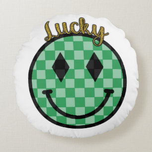 Glücklicher Smiley Green Gold Checkered Happy Face Rundes Kissen