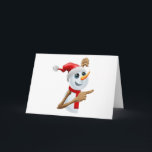 Glücklicher Snowman beim Weihnachtsmannmützezeigen Feiertagskarte<br><div class="desc">Glücklicher Cartoon Snowman in einem roten Weihnachtsmannmütze- und Schalzeigen</div>