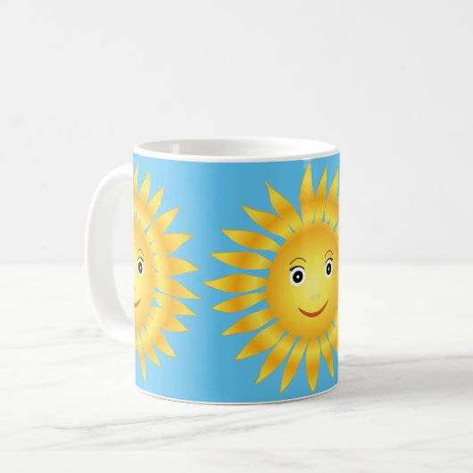 glücklicher Sonne-Glanz. Blauer Hintergrund Kaffeetasse (Vorderseite Links)