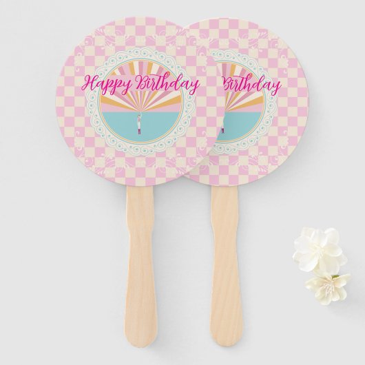 Glücklicher Spaß Rosa Gingham Karo Karierter Gebur Fächer (Vorne und Hinten)