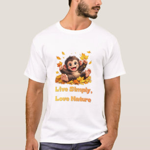 Glücklicher süßer Affe spielt in fallenden Herbstb T-Shirt