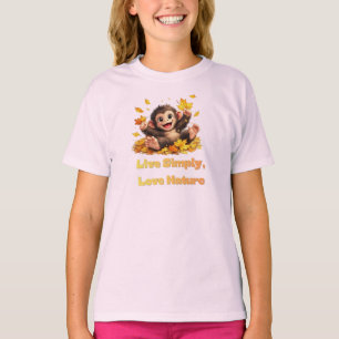 Glücklicher süßer Affe spielt in fallenden Herbstb T-Shirt