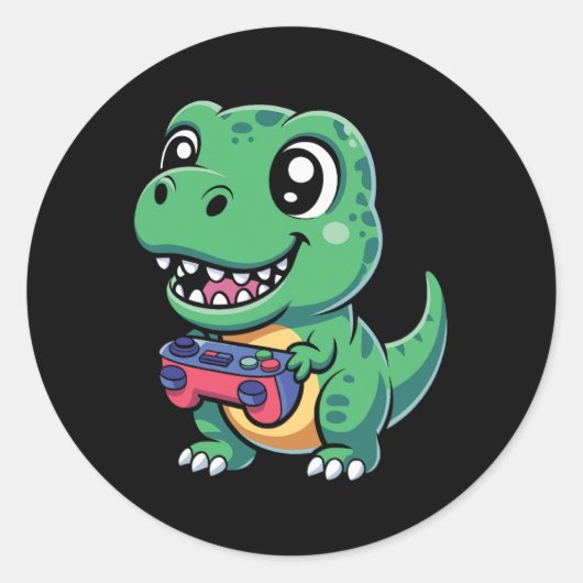 Glücklicher T-Rex mit Spielcontroller Süßer Gamer Runder Aufkleber (Vorderseite)