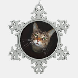 Glücklicher Tabby Wiskers Schneeflocken Zinn-Ornament