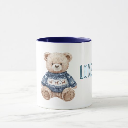 Glücklicher Teddybär Blauer Pullover Liebe Tasse (Zentrum)