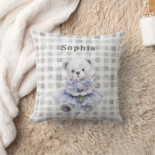 Glücklicher Teddybär Lila Blumenmuster Kissen